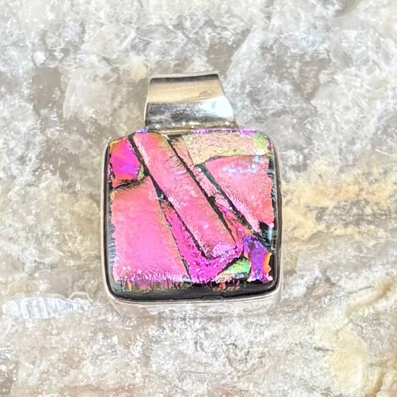 Dichroic Glass & Sterling Silver Pendant Pink Hot Pink - Picture 1 of 4